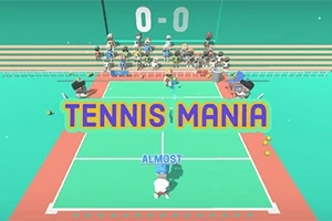 Pohľad zhora na tenisový kurt s postavičkou, ktorá udiera do loptičky, s nápisom TENNIS MANIA cez stred a divákmi v pozadí