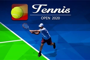 Tenista v bielom oblečení hrá na farebnej tenisovej ploche s nápisom Tennis Open 2020