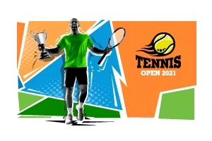 Športovec v zelenej košeli drží tenisovú raketu a trofej, v pozadí farebné geometrické tvary a nápis Tennis Open 2021