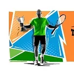 Športovec v zelenej košeli drží tenisovú raketu a trofej, v pozadí farebné geometrické tvary a nápis Tennis Open 2021