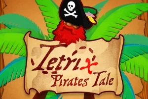 Pirátsky klobúk s lebkou a prekríženými kosťami na pergamenovom pozadí s palmami a nápisom TetriX Pirates Tale