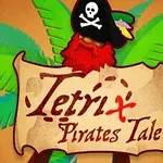 Pirátsky klobúk s lebkou a prekríženými kosťami na pergamenovom pozadí s palmami a nápisom TetriX Pirates Tale