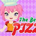 Kreslená postavička s ružovými vlasmi a kuchárskou čiapkou vedľa textu The Best Pizza na fialovom diamantovom pozadí