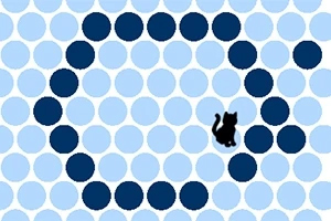 Silueta mačky obklopená tmavomodrými a svetlomodrými kruhmi