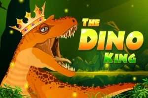 Bojovný oranžový dinosaurus s korunou na hlave v džungli s farebným nápisom The Dino King