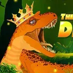 Bojovný oranžový dinosaurus s korunou na hlave v džungli s farebným nápisom The Dino King