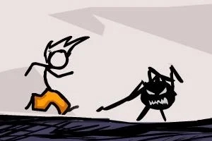 The Fancy Pants Adventure: World 1 Čiernobiela kreslená postavička s oranžovými nohavicami beží pred čiernou príšerou so zubatými ústami