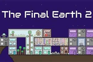 Mesto s pixelovou grafikou s futuristickými budovami na tmavomodrom pozadí s nápisom The Final Earth 2