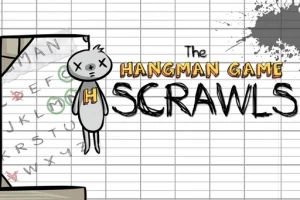 Kreslená postavička s prečiarknutými očami visí vedľa papiera s písmenami na štvorčekovanom pozadí a textom The Hangman Game Scrawls