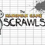 Kreslená postavička s prečiarknutými očami visí vedľa papiera s písmenami na štvorčekovanom pozadí a textom The Hangman Game Scrawls