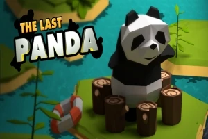 Nízkopoly prekážková dráha s pandou sediacou na kmeňoch stromov na ostrove, s textom „The Last Panda“ v rohu