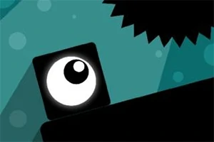 Čierny štvorcový blok s veľkým okom na modrozelenom pozadí so vzorom kruhov a ostrých zubov v rohu