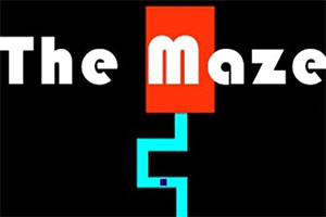 Text The Maze s bielymi písmenami na čiernom pozadí, s modrou cestou vedúcou z červeného obdĺžnika