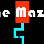 Text The Maze s bielymi písmenami na čiernom pozadí, s modrou cestou vedúcou z červeného obdĺžnika