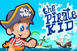 Kreslený pirát s modrými očami a klobúkom s lebkou stojí pri mori a palme, s názvom the Pirate Kid vedľa neho