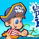 Kreslený pirát s modrými očami a klobúkom s lebkou stojí pri mori a palme, s názvom the Pirate Kid vedľa neho