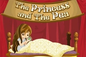 Ilustrácia dievčaťa sediaceho na posteli s hráškom v ruke, obklopeného červeným závesom a nápisom The Princess and The Pea nad ním