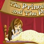 Ilustrácia dievčaťa sediaceho na posteli s hráškom v ruke, obklopeného červeným závesom a nápisom The Princess and The Pea nad ním