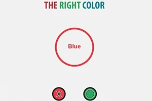 Text Blue v červenom kruhu so slovami THE RIGHT COLOR hore a tlačidlami s krížikom a kruhom dole
