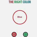 Text Blue v červenom kruhu so slovami THE RIGHT COLOR hore a tlačidlami s krížikom a kruhom dole