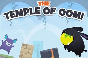 Dva kreslené zvieracie postavičky skáču okolo farebných blokov s textom The Temple of Oom!