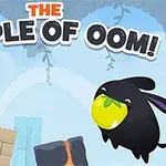 Dva kreslené zvieracie postavičky skáču okolo farebných blokov s textom The Temple of Oom!