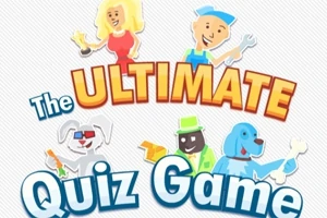 Ilustrácia obsahuje kreslené postavičky, pestrofarebné nápisy s textom The Ultimate Quiz Game a dve postavičky hore a dve zvieracími postavičkami dolu