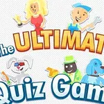 Ilustrácia obsahuje kreslené postavičky, pestrofarebné nápisy s textom The Ultimate Quiz Game a dve postavičky hore a dve zvieracími postavičkami dolu