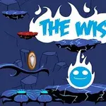 Modrá postavička s úsmevom v plameni spolu s nápisom The Wisp na tmavomodrom pozadí s červenými a modrými plošinami, hviezdou a štítom