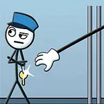 Sticková postavička s modrou čiapkou drží kľúč, zatiaľ čo dlhá ruka sa naťahuje cez mreže