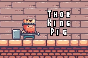 Pixelová postava prasaťa s korunou a kladivom na pozadí tehlovej steny s nápisom Thor King Pig
