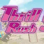 Ružovo-fialový text Thrill Rush 5 na pozadí s oblohou, ruským kolesom a starobylými schodmi