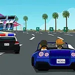 Dva autá jazdia po diaľnici lemovanej palmami, s veľkým nápisom v retro štýle v ľavom hornom rohu