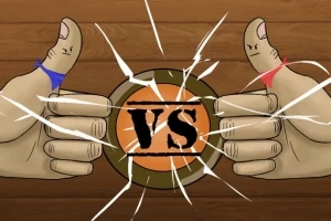 Dva palce s modrým a červeným označením smerujú proti sebe pred znakom VS na drevenom pozadí
