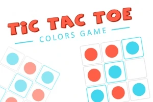 Nápis Tic Tac Toe Colors Game s farebnými kruhmi v modrej a červenej farbe rozmiestnenými na mriežke