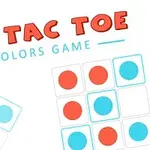 Nápis Tic Tac Toe Colors Game s farebnými kruhmi v modrej a červenej farbe rozmiestnenými na mriežke