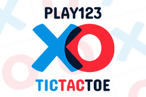 Logo s nápisom „PLAY123 a „TICTACTOE s veľkými prekrývajúcimi sa symbolmi X a O na svetlom pozadí