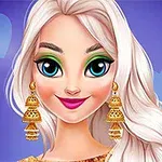 Animovaná postava s dlhými blond vlasmi a veľkými modrými očami, nosí veľké zlaté náušnice a pozadie je fialové s modrými srdcami