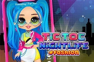 Postava s modrými vlasmi v módnom oblečení s textom Tic Toc Nightlife #fashion na pozadí so siluetou mesta