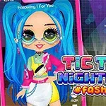 Postava s modrými vlasmi v módnom oblečení s textom Tic Toc Nightlife #fashion na pozadí so siluetou mesta