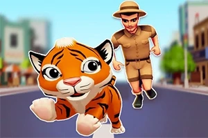 Animovaný tiger utekajúci po ceste pred mužom v safari oblečení
