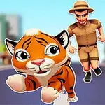 Animovaný tiger utekajúci po ceste pred mužom v safari oblečení