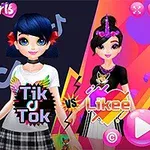 Dve animované postavy s farebnými vlasmi a rôznymi outfitmi stoja vedľa seba na farebne rozdelenom pozadí s nápismi TikTok a Likee
