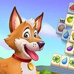 Animovaný pes s vyplazeným jazykom stojí vedľa bloku dlaždíc s ovocnými a zeleninovými symbolmi na modrom pozadí