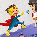 Dve kreslené postavičky v superhrdinskom oblečení stoja na fialovej skale, jedna drží knihu