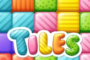Farebné, vzorované kocky usporiadané v mriežke s nápisom Tiles v popredí