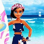Žena s kvetinovou čelenkou stojí na pláži pri oceáne, držiac surf s tropickým dizajnom