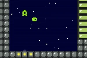Dva zelené pixelové objekty na tmavom pozadí s bielymi hviezdami, obklopené rámom zo šedých štvorcov