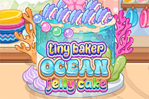 Farebná kreslená torta s oceánskou tematikou, želé polevou, koralmi, mušľami a nápisom „tiny baker ocean jelly cake