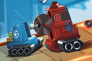 Modré a červené kreslené tanky bojujúce na hernej scéne s použitím zbrane a cirkulárky